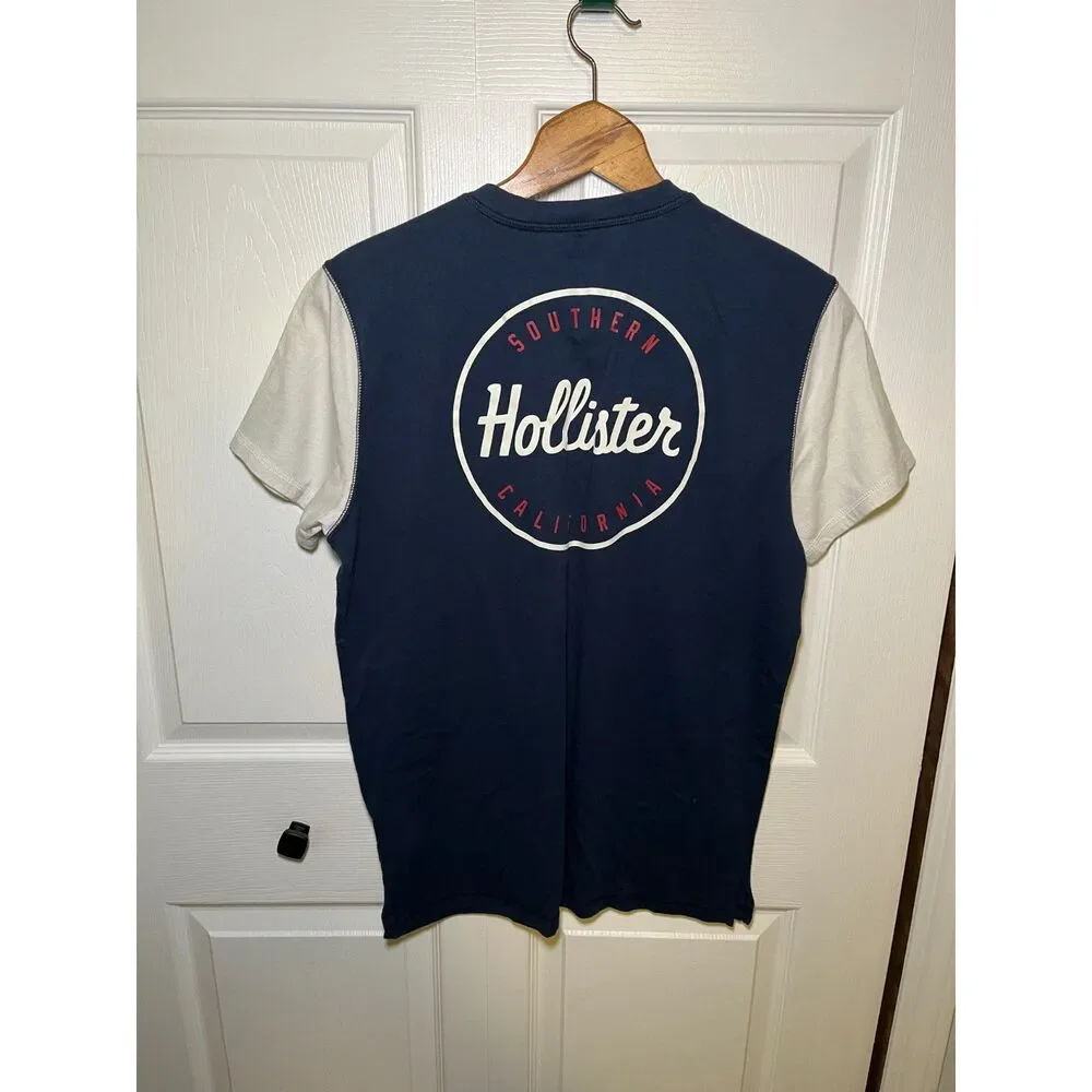 Hollister Men’s Medium Navy White Henley Graphic Tee Short Sleeve Shirt